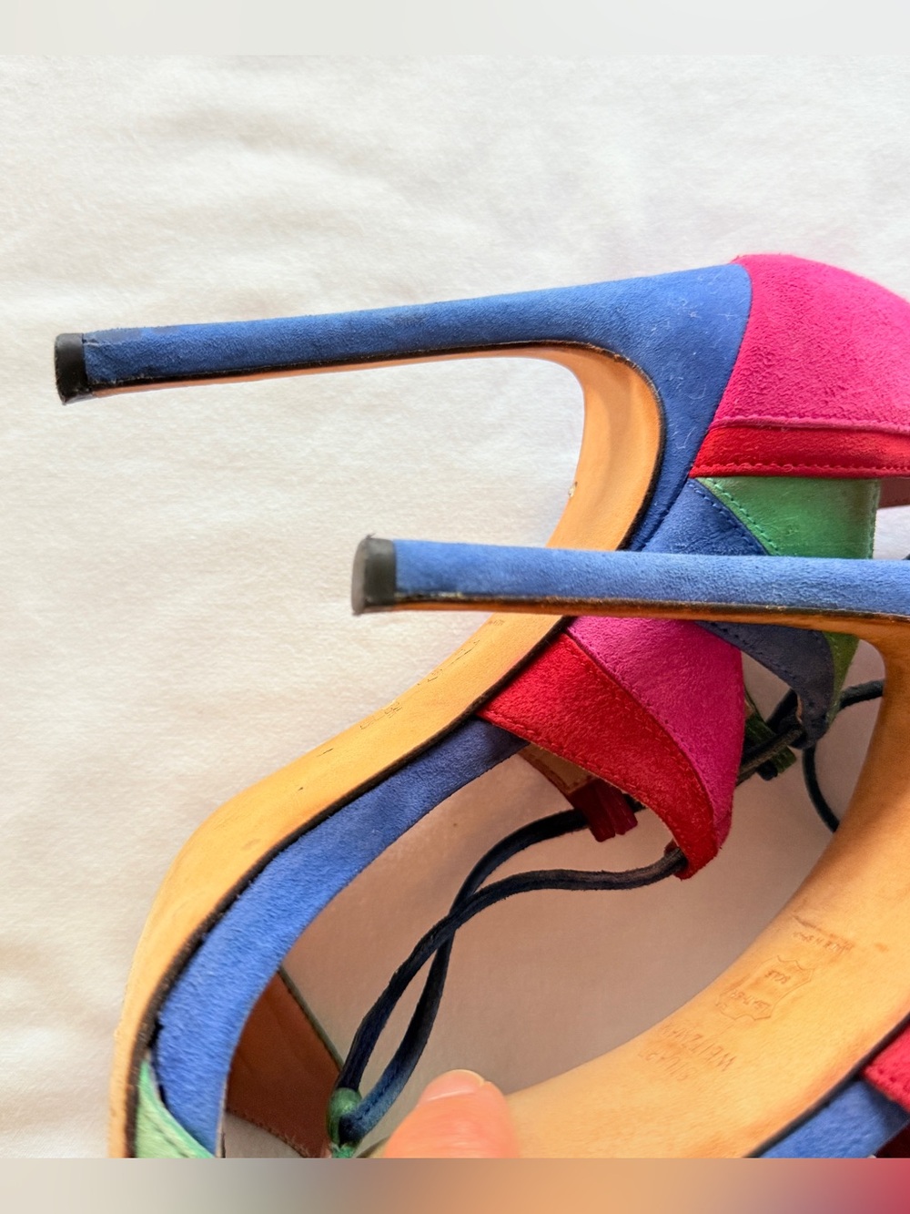 Stuart Weitzman Razzle Multicolor Suede Lace Up Stiletto Sandals Size 7 - Picture 10 of 16